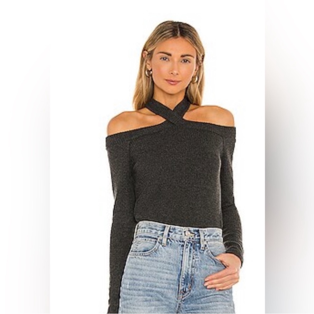 1.STATE Cross Neck Cold Shoulder Cotton Blend Sweater